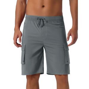 Drawstring Waist Solid Color Side Pockets Lining Summer Board Shorts Gray